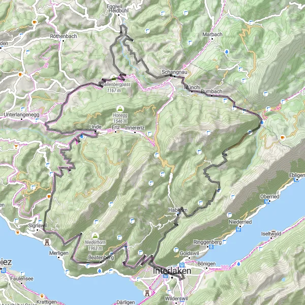 Karttaminiaatyyri "Bire - Interlaken - Bire" pyöräilyinspiraatiosta alueella Espace Mittelland, Switzerland. Luotu Tarmacs.app pyöräilyreittisuunnittelijalla