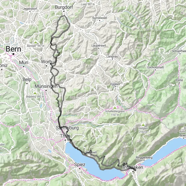 Zemljevid v pomanjšavi "Epic Road Cycling Adventure in Espace Mittelland" kolesarske inspiracije v Espace Mittelland, Switzerland. Generirano z načrtovalcem kolesarskih poti Tarmacs.app