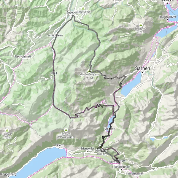 Karttaminiaatyyri "Brünigpass ja Sörenbergin kierros" pyöräilyinspiraatiosta alueella Espace Mittelland, Switzerland. Luotu Tarmacs.app pyöräilyreittisuunnittelijalla