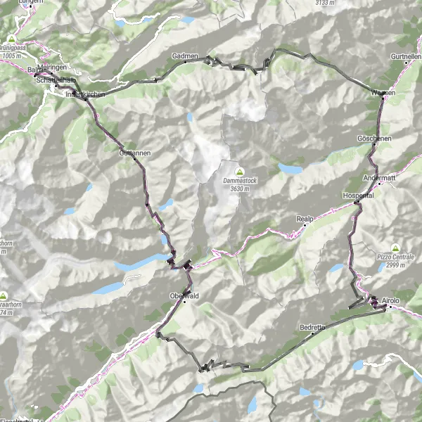 Map miniature of "Bernese Alps Adventure" cycling inspiration in Espace Mittelland, Switzerland. Generated by Tarmacs.app cycling route planner