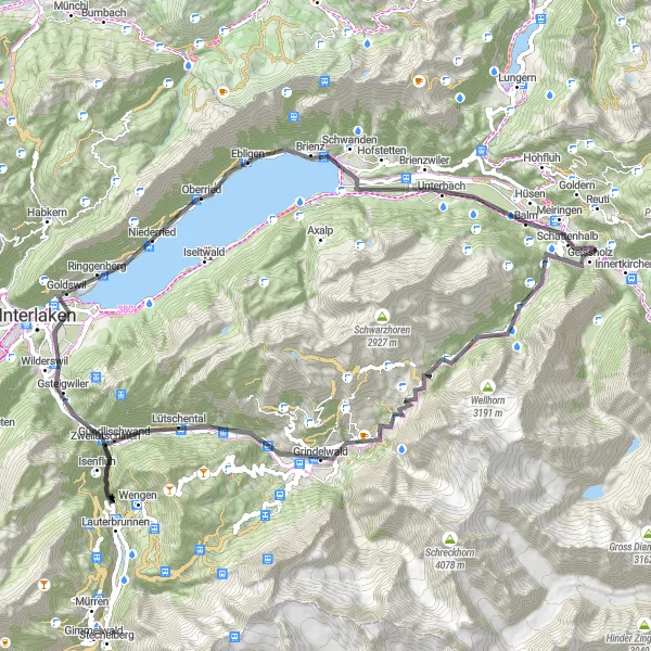 Miniatura della mappa di ispirazione al ciclismo "Gita in bicicletta sul passo della Grosse Scheidegg" nella regione di Espace Mittelland, Switzerland. Generata da Tarmacs.app, pianificatore di rotte ciclistiche