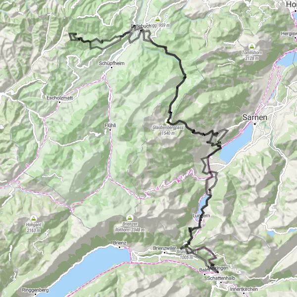 Miniature de la carte de l'inspiration cycliste "Boucle alpine Meiringen-Giswil" dans la Espace Mittelland, Switzerland. Générée par le planificateur d'itinéraire cycliste Tarmacs.app