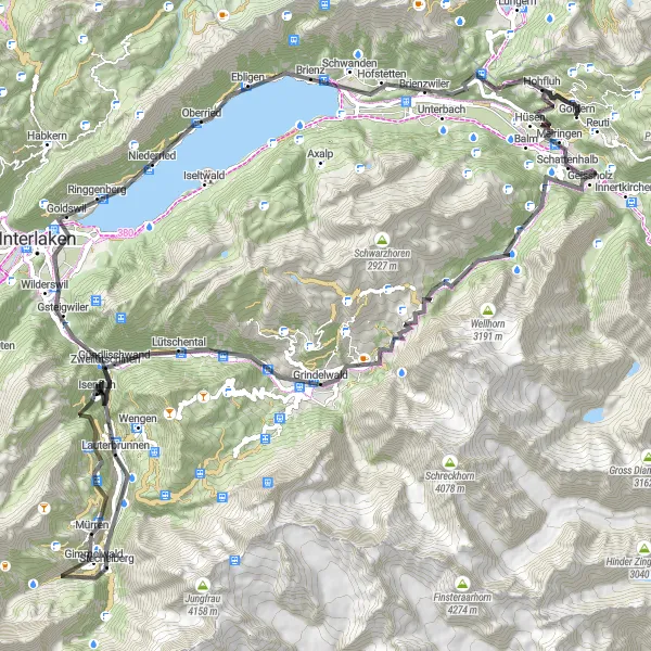 Miniatura della mappa di ispirazione al ciclismo "Giro in Bicicletta da Meiringen a Brienz" nella regione di Espace Mittelland, Switzerland. Generata da Tarmacs.app, pianificatore di rotte ciclistiche