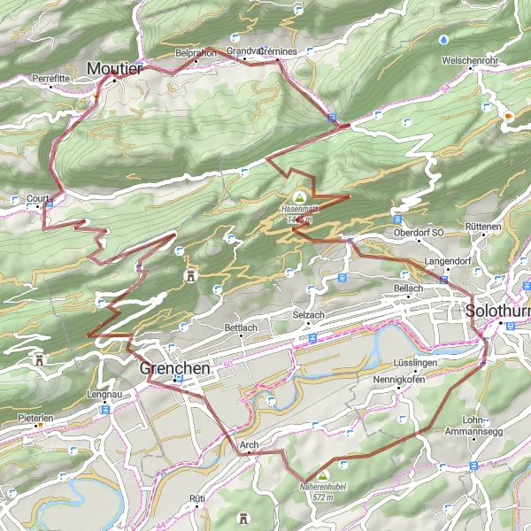 Zemljevid v pomanjšavi "Gorsko kolesarjenje skozi čudovite pokrajine okoli Moutierja" kolesarske inspiracije v Espace Mittelland, Switzerland. Generirano z načrtovalcem kolesarskih poti Tarmacs.app