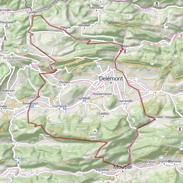 Miniatura della mappa di ispirazione al ciclismo "Gravel Bourrignon e La Joux Loop" nella regione di Espace Mittelland, Switzerland. Generata da Tarmacs.app, pianificatore di rotte ciclistiche