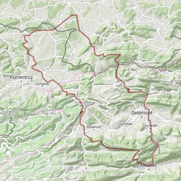 Miniatura della mappa di ispirazione al ciclismo "Sentieri selvaggi delle Montagne del Giura" nella regione di Espace Mittelland, Switzerland. Generata da Tarmacs.app, pianificatore di rotte ciclistiche