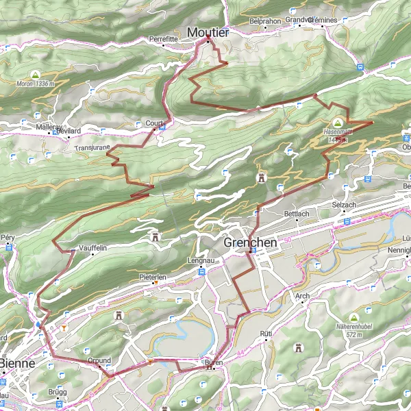 Miniaturní mapa "Gravel Cyklotrasa kolem Moutier" inspirace pro cyklisty v oblasti Espace Mittelland, Switzerland. Vytvořeno pomocí plánovače tras Tarmacs.app