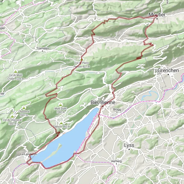 Miniatura della mappa di ispirazione al ciclismo "Gravel Diesse e Erlach Loop" nella regione di Espace Mittelland, Switzerland. Generata da Tarmacs.app, pianificatore di rotte ciclistiche