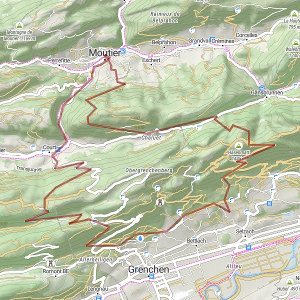 Karttaminiaatyyri "Moutierin ympäripyöräily Gravel-reitillä" pyöräilyinspiraatiosta alueella Espace Mittelland, Switzerland. Luotu Tarmacs.app pyöräilyreittisuunnittelijalla