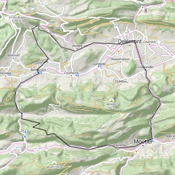 Kartminiatyr av "Veitursfornøyelser rundt Moutier" sykkelinspirasjon i Espace Mittelland, Switzerland. Generert av Tarmacs.app sykkelrutoplanlegger