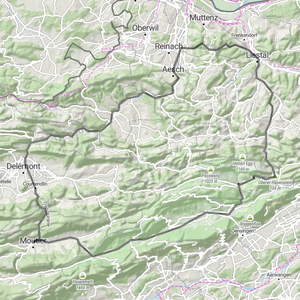 Miniatura della mappa di ispirazione al ciclismo "Vista senza fine sulla Vallée de Delémont" nella regione di Espace Mittelland, Switzerland. Generata da Tarmacs.app, pianificatore di rotte ciclistiche