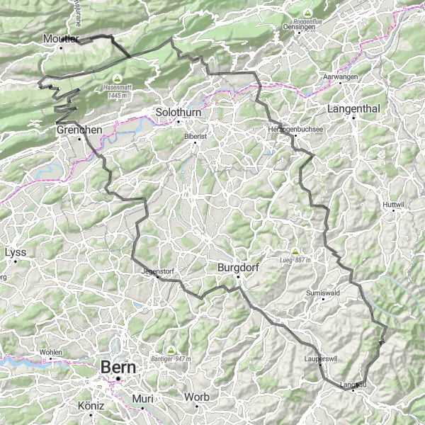 Miniatura della mappa di ispirazione al ciclismo "Giro ciclistico road vicino a Moutier" nella regione di Espace Mittelland, Switzerland. Generata da Tarmacs.app, pianificatore di rotte ciclistiche