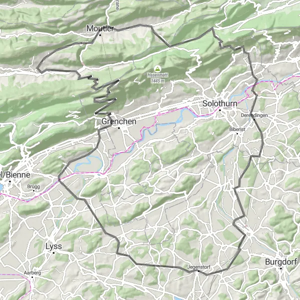 Miniaturní mapa "Road Ride to Mont Girod" inspirace pro cyklisty v oblasti Espace Mittelland, Switzerland. Vytvořeno pomocí plánovače tras Tarmacs.app