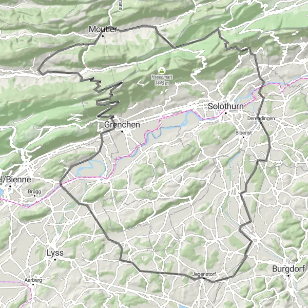 Miniatura della mappa di ispirazione al ciclismo "Road Champoz e Dotzigen Loop" nella regione di Espace Mittelland, Switzerland. Generata da Tarmacs.app, pianificatore di rotte ciclistiche