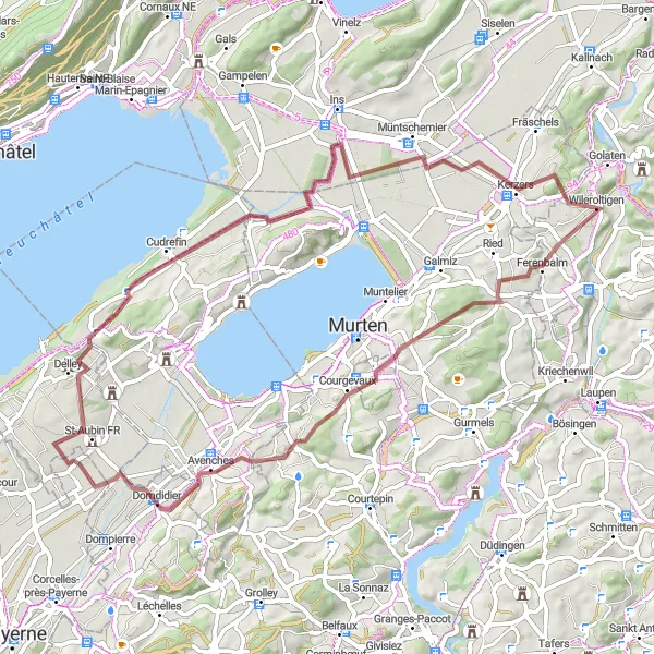 Miniaturní mapa "Gravelový výlet kolem jezera Morat" inspirace pro cyklisty v oblasti Espace Mittelland, Switzerland. Vytvořeno pomocí plánovače tras Tarmacs.app