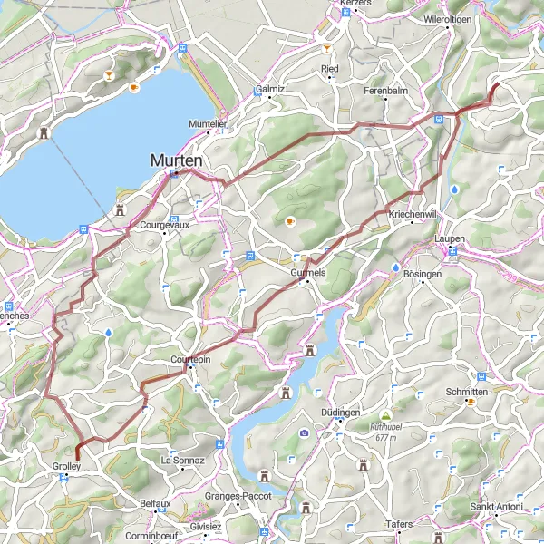 Miniatura della mappa di ispirazione al ciclismo "Avventura tra le colline e i laghi" nella regione di Espace Mittelland, Switzerland. Generata da Tarmacs.app, pianificatore di rotte ciclistiche