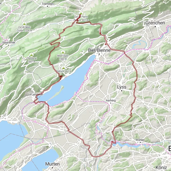 Mapa miniatúra "Gravel Tour de Berne" cyklistická inšpirácia v Espace Mittelland, Switzerland. Vygenerované cyklistickým plánovačom trás Tarmacs.app