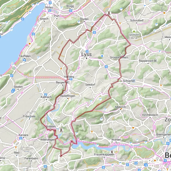 Miniatua del mapa de inspiración ciclista "Ruta de ciclismo de grava de Mühleberg a Buttenried" en Espace Mittelland, Switzerland. Generado por Tarmacs.app planificador de rutas ciclistas