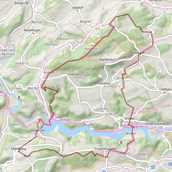 Map miniature of "Mühleberg - Mühleberg Gravel Adventure" cycling inspiration in Espace Mittelland, Switzerland. Generated by Tarmacs.app cycling route planner