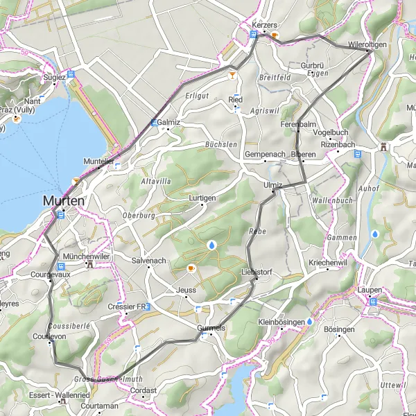 Miniatura della mappa di ispirazione al ciclismo "Rotta dei laghi" nella regione di Espace Mittelland, Switzerland. Generata da Tarmacs.app, pianificatore di rotte ciclistiche