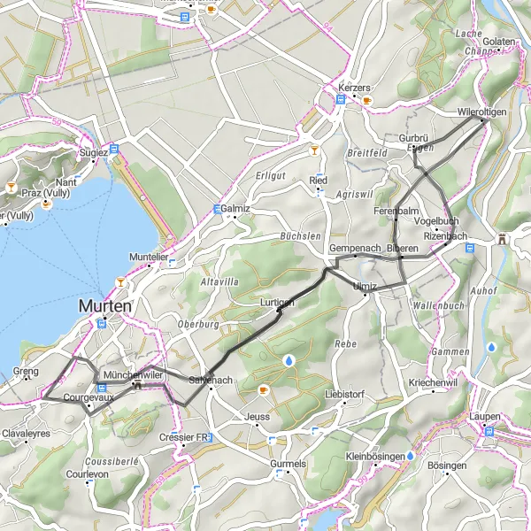 Miniatua del mapa de inspiración ciclista "Ruta en Carretera de Ferenbalm a Wileroltigen" en Espace Mittelland, Switzerland. Generado por Tarmacs.app planificador de rutas ciclistas