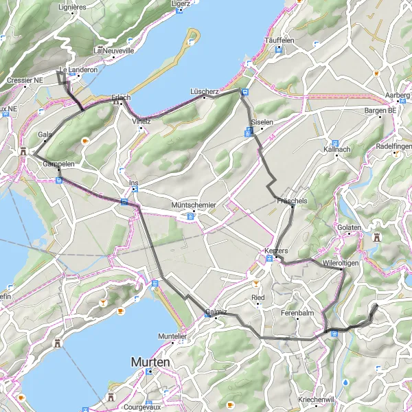 Miniature de la carte de l'inspiration cycliste "Tour de Lac de Neuchâtel" dans la Espace Mittelland, Switzerland. Générée par le planificateur d'itinéraire cycliste Tarmacs.app