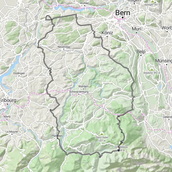 Kartminiatyr av "Lang veitur til Laupen" sykkelinspirasjon i Espace Mittelland, Switzerland. Generert av Tarmacs.app sykkelrutoplanlegger