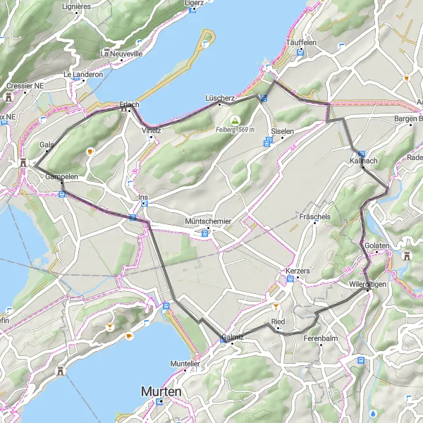 Miniatua del mapa de inspiración ciclista "Ruta de ciclismo por carretera a Wileroltigen" en Espace Mittelland, Switzerland. Generado por Tarmacs.app planificador de rutas ciclistas
