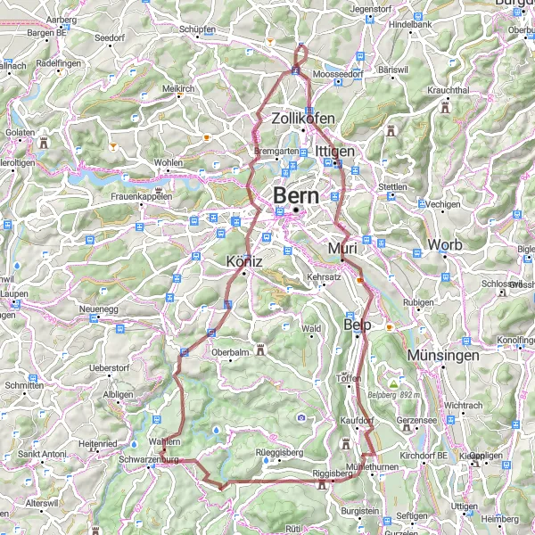 Miniaturní mapa "Gravel trasa kolem Muri a Kirchlindach" inspirace pro cyklisty v oblasti Espace Mittelland, Switzerland. Vytvořeno pomocí plánovače tras Tarmacs.app