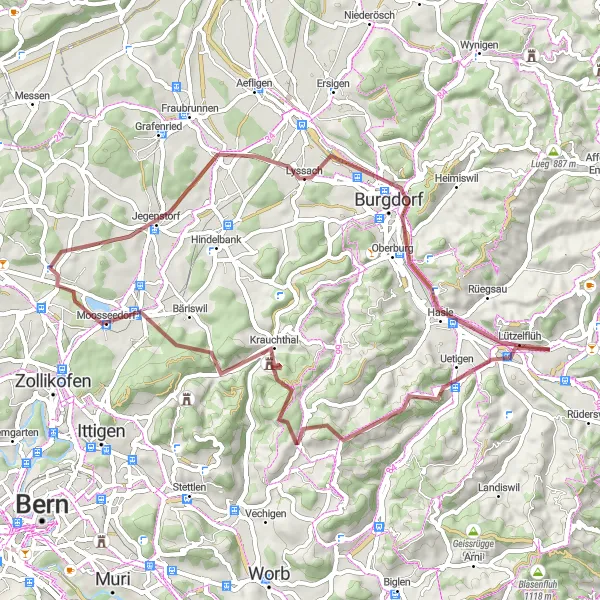 Miniatua del mapa de inspiración ciclista "Ruta de Grava a través de los Bosques Berneses" en Espace Mittelland, Switzerland. Generado por Tarmacs.app planificador de rutas ciclistas
