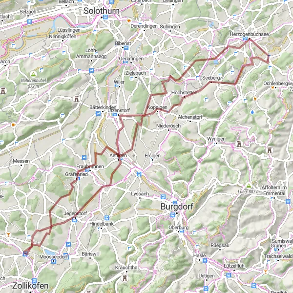 Miniatua del mapa de inspiración ciclista "Ruta de ciclismo de grava a través de Koppigen y Utzenstorf" en Espace Mittelland, Switzerland. Generado por Tarmacs.app planificador de rutas ciclistas