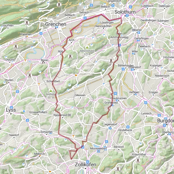 Miniatua del mapa de inspiración ciclista "Exploración de los valles de Berna en gravilla" en Espace Mittelland, Switzerland. Generado por Tarmacs.app planificador de rutas ciclistas