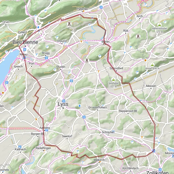 Miniaturní mapa "Gravel trasa kolem Bielersee" inspirace pro cyklisty v oblasti Espace Mittelland, Switzerland. Vytvořeno pomocí plánovače tras Tarmacs.app