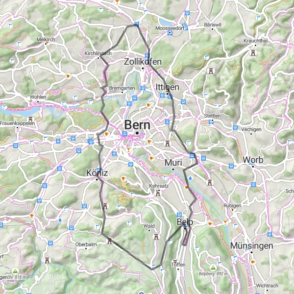 Miniatua del mapa de inspiración ciclista "Ruta de ciclismo de carretera a través de Belp y Köniz" en Espace Mittelland, Switzerland. Generado por Tarmacs.app planificador de rutas ciclistas