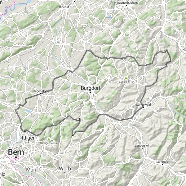 Miniatua del mapa de inspiración ciclista "Ruta de ciclismo de carretera a través de Jegenstorf y Bolligen" en Espace Mittelland, Switzerland. Generado por Tarmacs.app planificador de rutas ciclistas