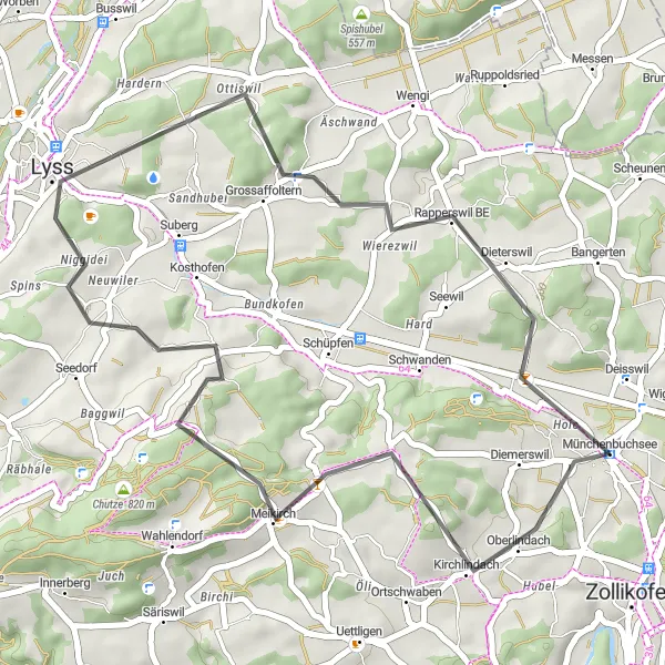 Miniatua del mapa de inspiración ciclista "Ruta en Carretera por Espace Mittelland" en Espace Mittelland, Switzerland. Generado por Tarmacs.app planificador de rutas ciclistas
