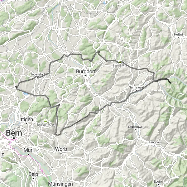 Miniature de la carte de l'inspiration cycliste "Boucle cycliste à travers l'Emmental" dans la Espace Mittelland, Switzerland. Générée par le planificateur d'itinéraire cycliste Tarmacs.app