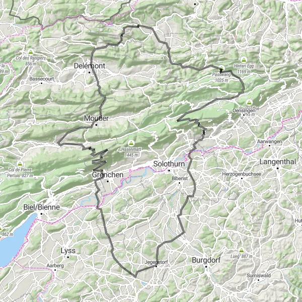 Map miniature of "The Jura Madness" cycling inspiration in Espace Mittelland, Switzerland. Generated by Tarmacs.app cycling route planner