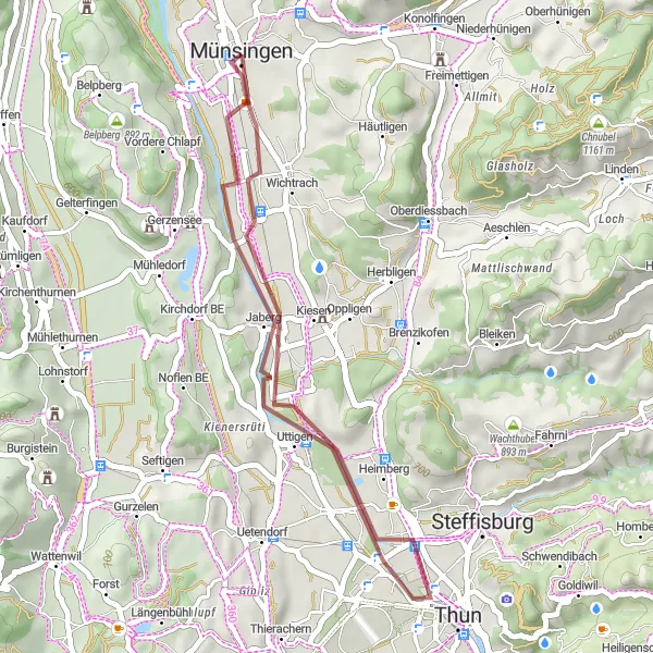 Kartminiatyr av "Grusvägscykling runt Münsingen" cykelinspiration i Espace Mittelland, Switzerland. Genererad av Tarmacs.app cykelruttplanerare