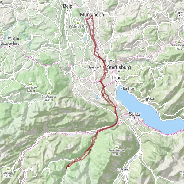 Miniature de la carte de l'inspiration cycliste "Exploration des paysages pittoresques près de Münsingen" dans la Espace Mittelland, Switzerland. Générée par le planificateur d'itinéraire cycliste Tarmacs.app