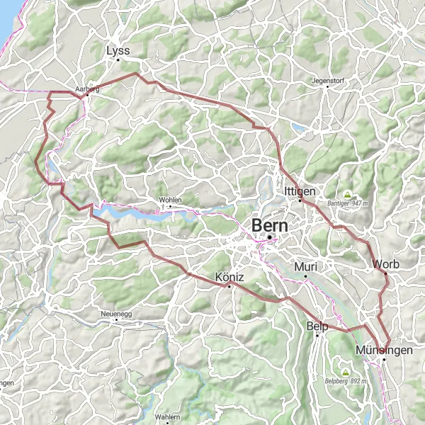 Mapa miniatúra "Trasa cez Gurten a Aarberg" cyklistická inšpirácia v Espace Mittelland, Switzerland. Vygenerované cyklistickým plánovačom trás Tarmacs.app