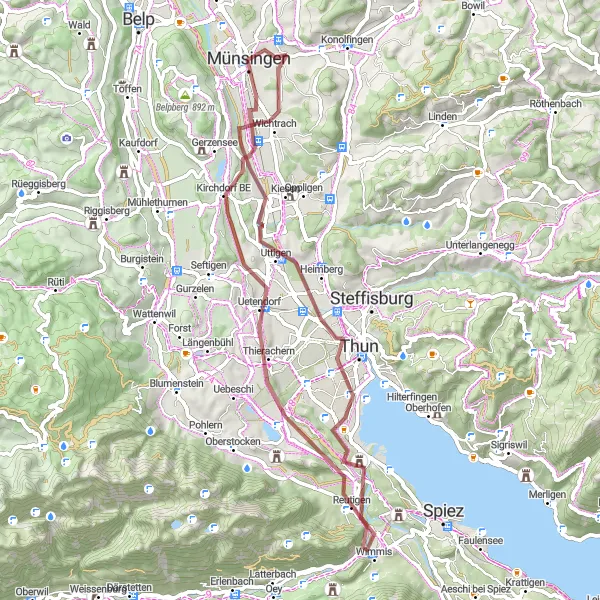 Miniatua del mapa de inspiración ciclista "Ruta de Grava por Wichtrach y Uetendorf" en Espace Mittelland, Switzerland. Generado por Tarmacs.app planificador de rutas ciclistas