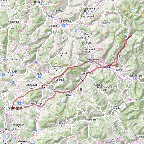 Miniaturní mapa "Gravel cyklotrasa od Münsingenu" inspirace pro cyklisty v oblasti Espace Mittelland, Switzerland. Vytvořeno pomocí plánovače tras Tarmacs.app