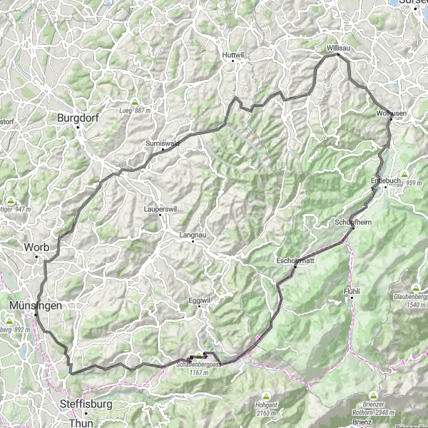 Miniaturní mapa "Okružní cyklistická trasa z Münsingenu" inspirace pro cyklisty v oblasti Espace Mittelland, Switzerland. Vytvořeno pomocí plánovače tras Tarmacs.app
