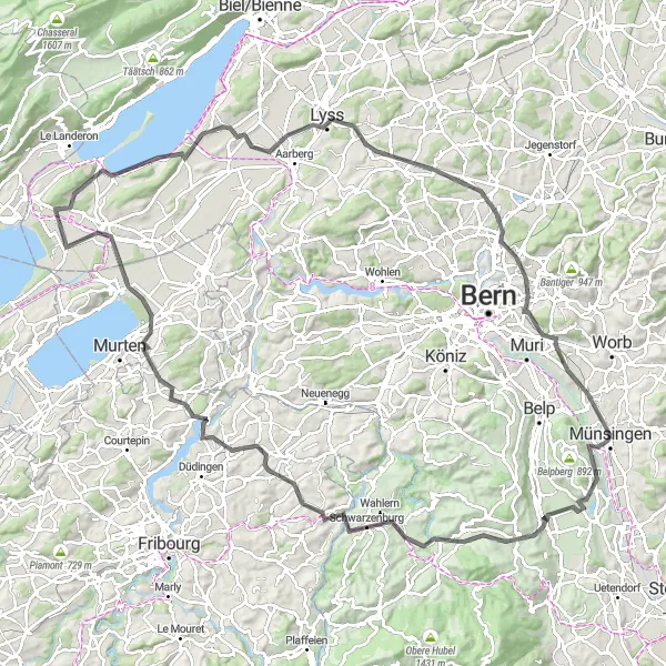 Miniatua del mapa de inspiración ciclista "Ruta en Carretera de Münsingen a Münsingen" en Espace Mittelland, Switzerland. Generado por Tarmacs.app planificador de rutas ciclistas
