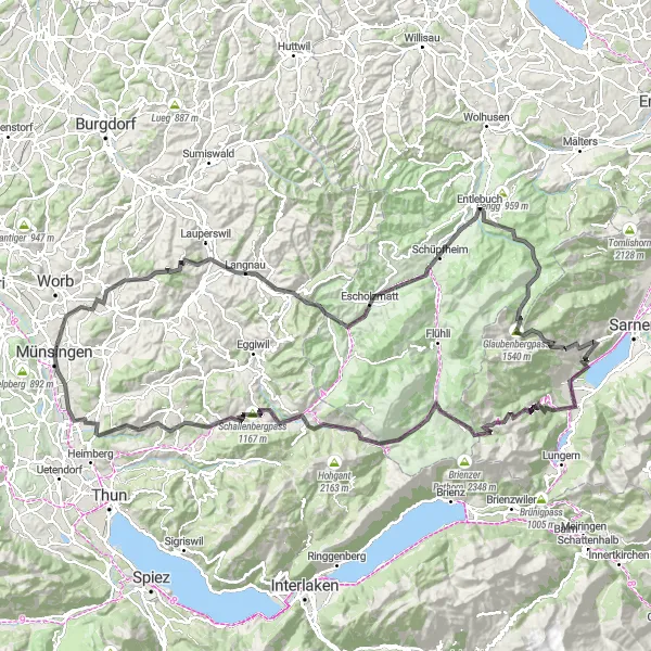 Miniatura della mappa di ispirazione al ciclismo "Giro in bicicletta da Münsingen attraverso i passi montani" nella regione di Espace Mittelland, Switzerland. Generata da Tarmacs.app, pianificatore di rotte ciclistiche