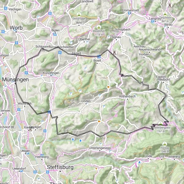 Kartminiatyr av "Klassisk veiopplevelse i Sveits" sykkelinspirasjon i Espace Mittelland, Switzerland. Generert av Tarmacs.app sykkelrutoplanlegger