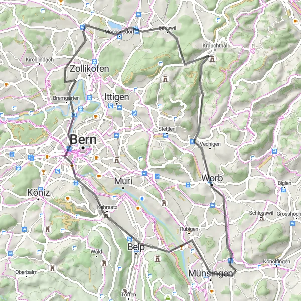 Zemljevid v pomanjšavi "Cestno kolesarjenje v okolici Münsingena" kolesarske inspiracije v Espace Mittelland, Switzerland. Generirano z načrtovalcem kolesarskih poti Tarmacs.app