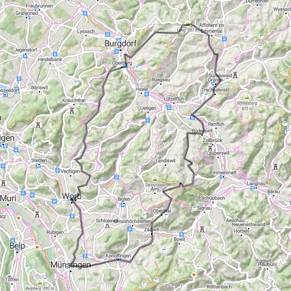 Zemljevid v pomanjšavi "Kolesarska pot Konolfingen-Münsingen" kolesarske inspiracije v Espace Mittelland, Switzerland. Generirano z načrtovalcem kolesarskih poti Tarmacs.app
