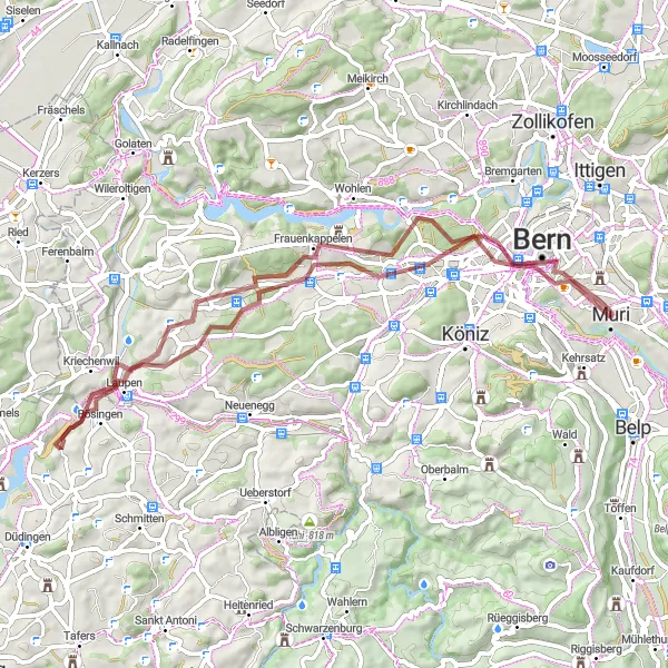 Miniatua del mapa de inspiración ciclista "Ruta de ciclismo de grava por Muri a Bern" en Espace Mittelland, Switzerland. Generado por Tarmacs.app planificador de rutas ciclistas